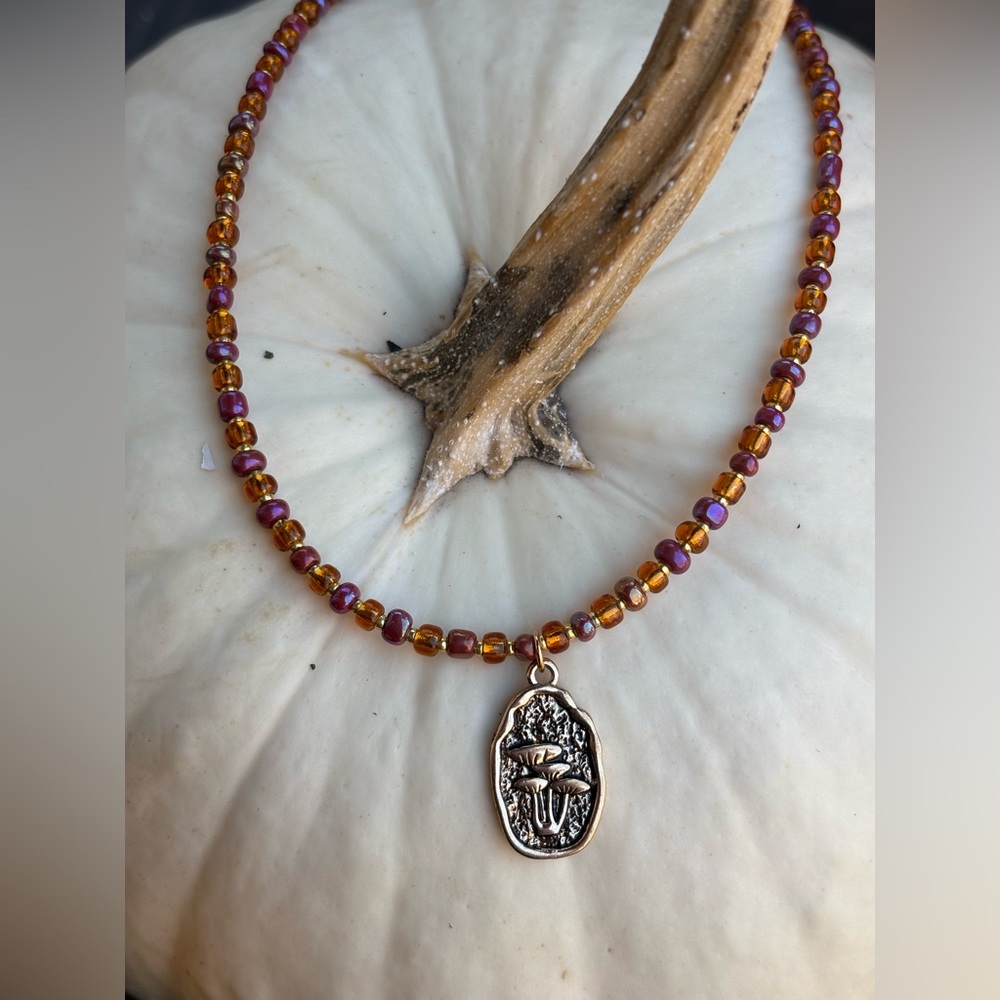 Mushroom Foliage Autumn Beaded Handmade Necklace 🍂 Cottagecore Seed Bead Charm